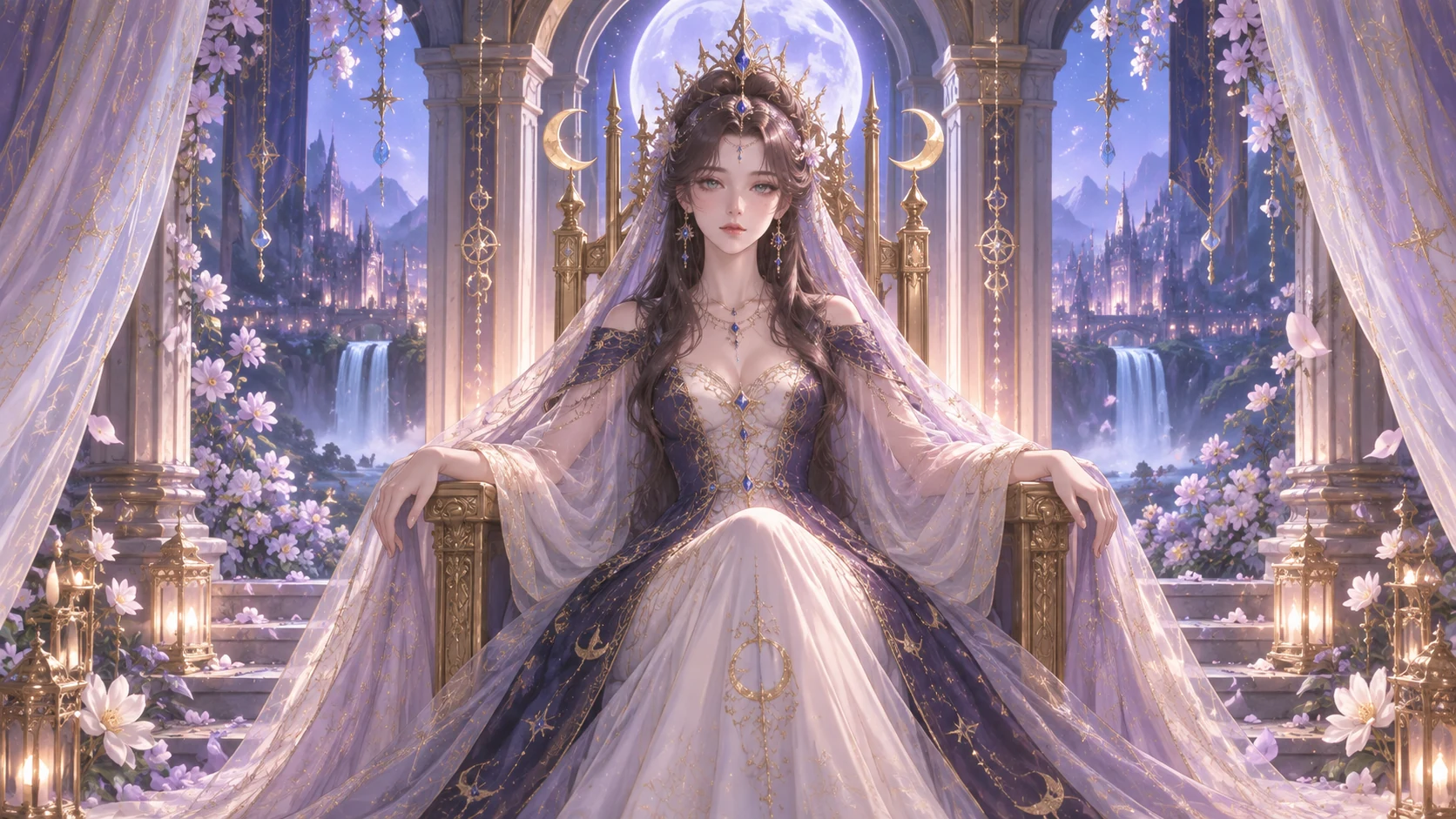 Moonlit Tarot oracle seated in a celestial palace