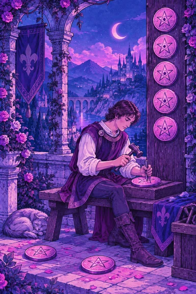 Eight of Pentacles — Sonam Zangmo Tarot illustration