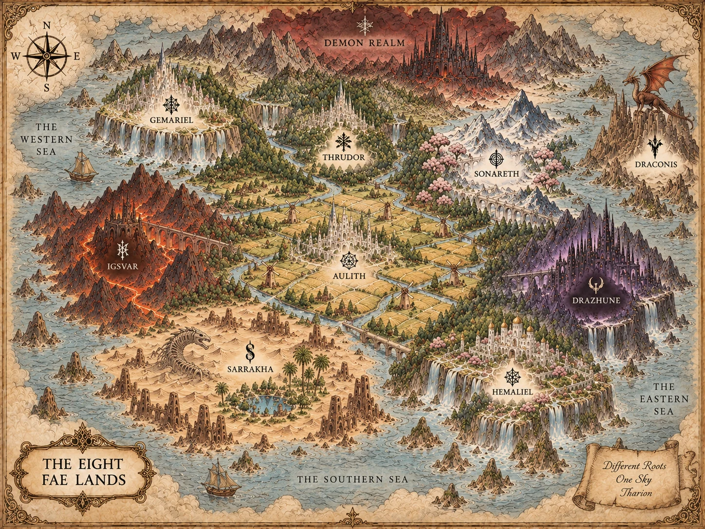 Map of the Eight Fae Lands, showing Thrudor, Gemariel, Igsvar, Aulith, Sarrakha, Drazhune, Sonareth, Hemaliel, Draconis, the Demon Realm, and the surrounding seas.