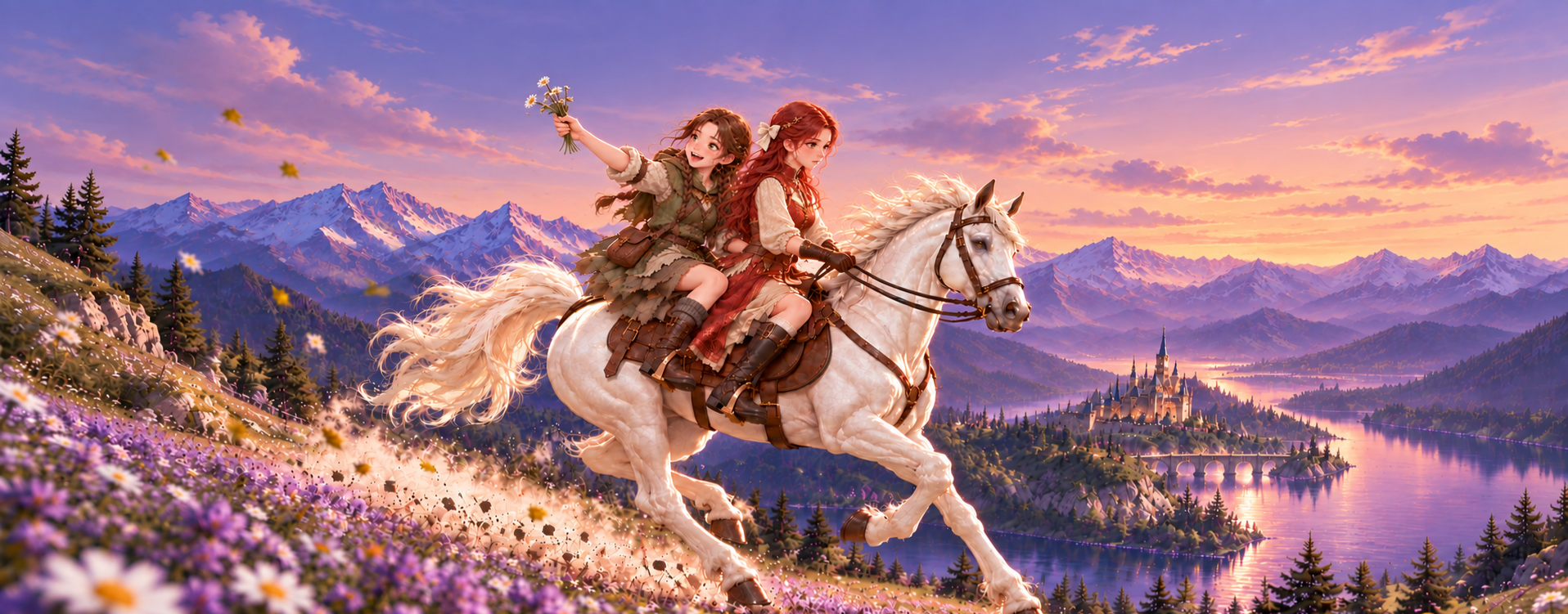 Two young riders on a white horse crossing a mountain valley at sunset in The Resonant Heir.